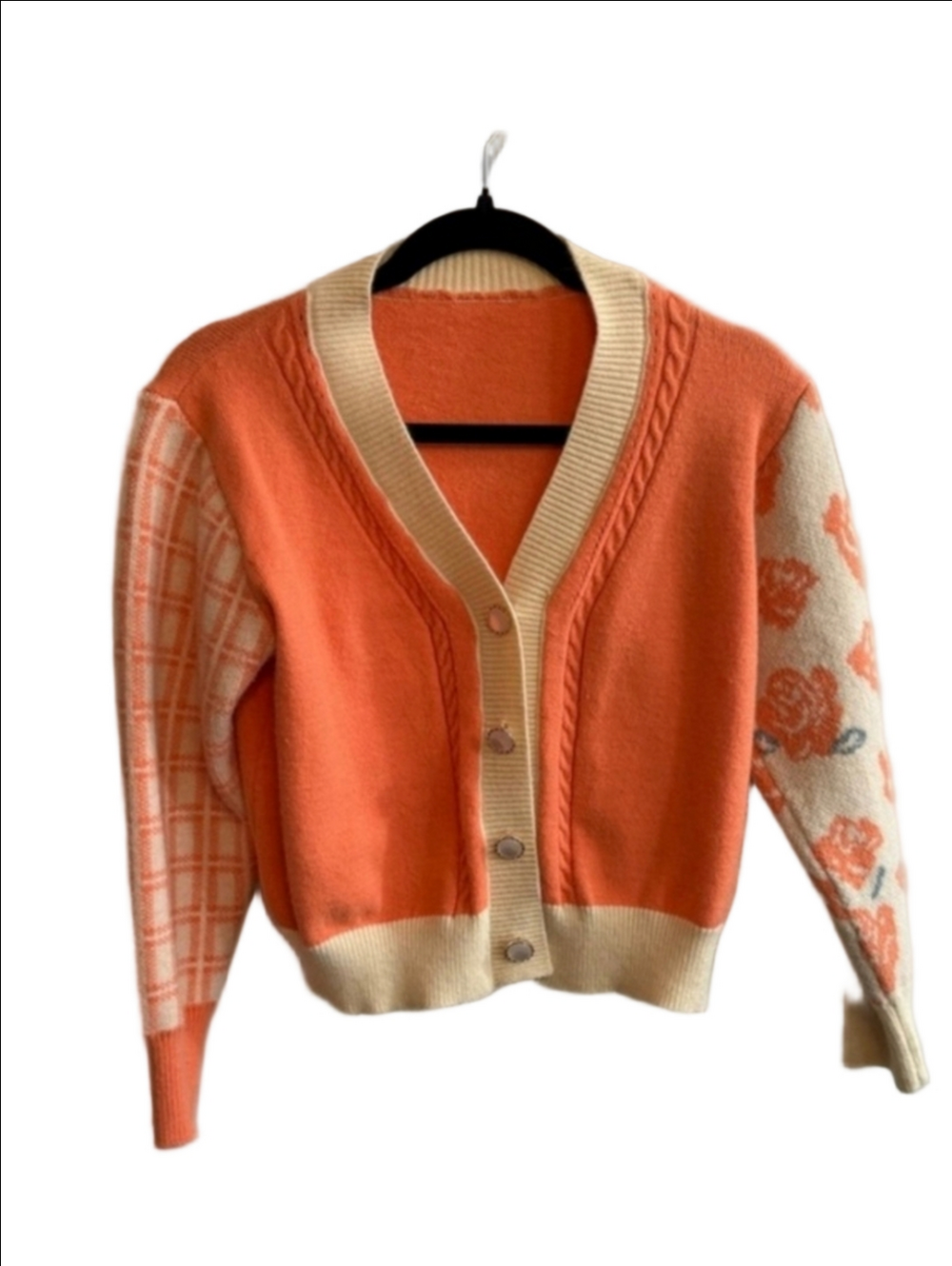 Vintage INSPIRED Orange Floral Plaid Cardigan Faux Pearl Buttons Cottagecore SM